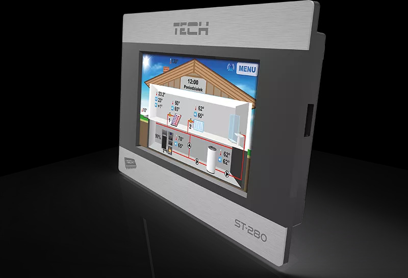 Panel sterowania ST-280 z wizualizacją schematu instalacji grzewczej w domu jednorodzinnym, pokazujący temperaturę i ustawienia różnych elementów systemu.