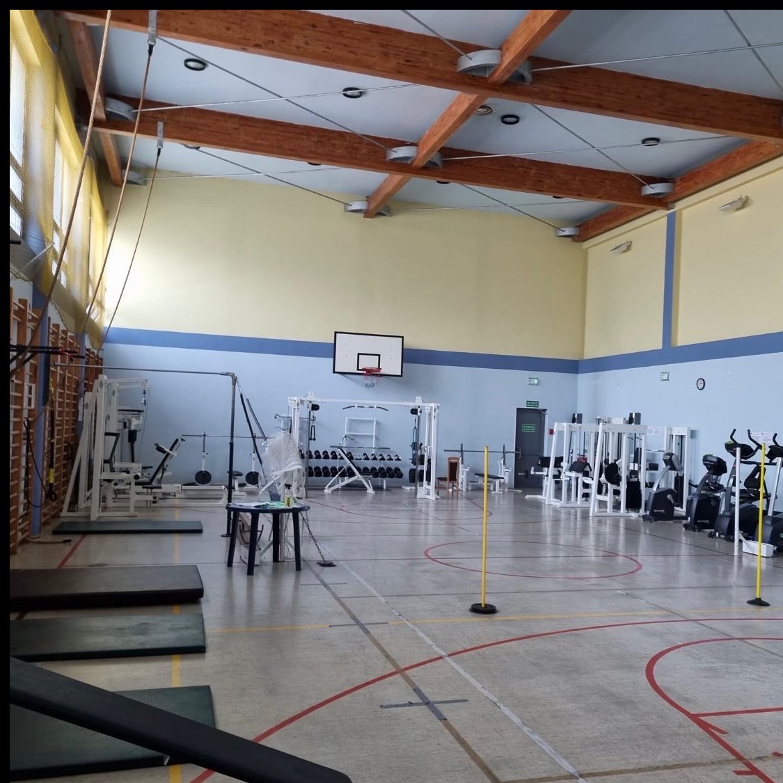 Sala gimnastyczna z parkietem, wyposażona w sprzęt do ćwiczeń, drabinki, kosz do koszykówki i żółte słupki. Ściany w kolorze żółtym i niebieskim.