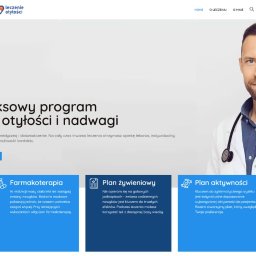 Kaminski.link - Strona internetowa lekarza z programem leczenia otyłości i nadwagi. Widoczny portret lekarza w białym kitlu ze stetoskopem oraz sekcje farmakoterapii, planu żywieniowego i aktywności.