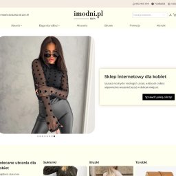 Kaminski.link - Strona internetowa sklepu odzieżowego imodni.pl z modelką w bluzce w kropki i legginsach. Widoczny fragment oferty i dane kontaktowe. Kremowe tło.