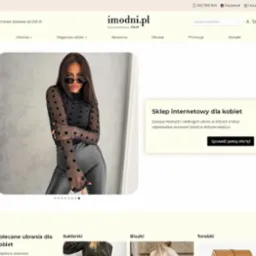 Strona internetowa sklepu odzieżowego imodni.pl z modelką w bluzce w kropki i legginsach. Widoczny fragment oferty i dane kontaktowe. Kremowe tło.