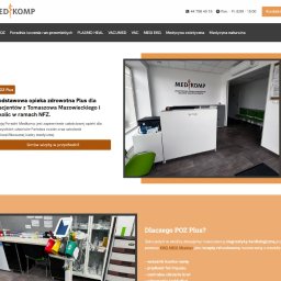 Kaminski.link - Strona internetowa poradni Medkomp z widocznym logo, recepcją i sprzętem medycznym. Układ strony responsywny, z czytelną nawigacją i informacjami kontaktowymi.