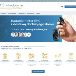 Kaminski.link - Strona internetowa prezentująca badanie Holter EKG z dostawą do domu, oferowane przez kardiologów. Widoczne urządzenie Holtera, etapy badania i logo firmy.