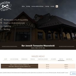 Kaminski.link - Strona internetowa baru Janosik Tomaszów Mazowiecki, z menu i informacjami o restauracji, catering, imprezach okolicznościowych i noclegach. Widok elewacji budynku.