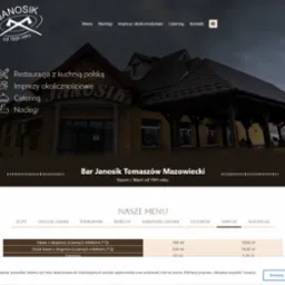 Strona internetowa baru Janosik Tomaszów Mazowiecki, z menu i informacjami o restauracji, catering, imprezach okolicznościowych i noclegach. Widok elewacji budynku.