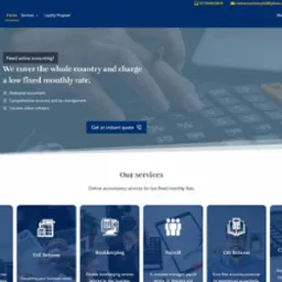 Strona internetowa firmy księgowej Nest Accountancy z ofertą online, kalkulatorem w tle i sekcją usług: Tax Returns, VAT Returns, Bookkeeping, Payroll, CIS Returns, Cryptocurrency Tax.
