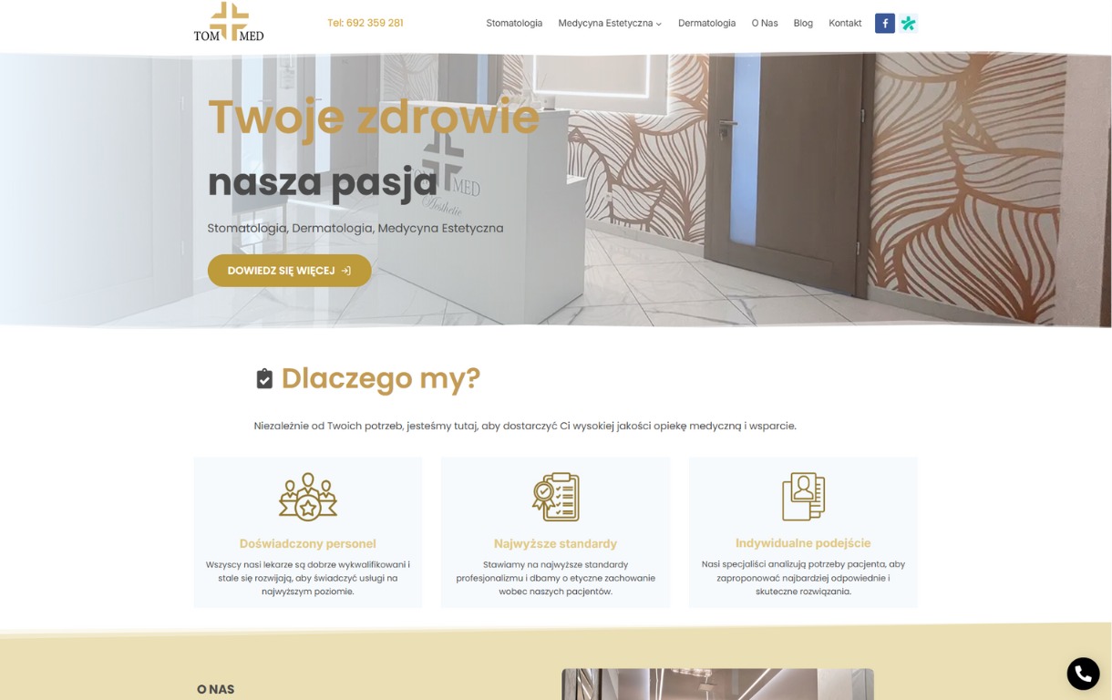 Strona internetowa kliniki medycyny estetycznej z motywem liści na ścianie i hasłem 'Twoje zdrowie nasza pasja'. Widoczne menu i przyciski nawigacyjne.