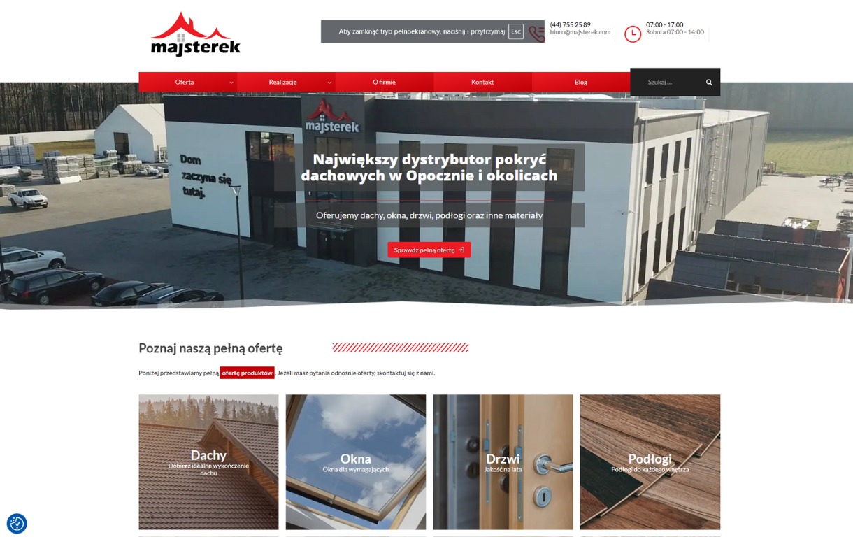 Strona internetowa firmy Majsterek z ofertą pokryć dachowych, okien, drzwi i podłóg. Widoczny budynek firmy i sekcja prezentująca produkty.