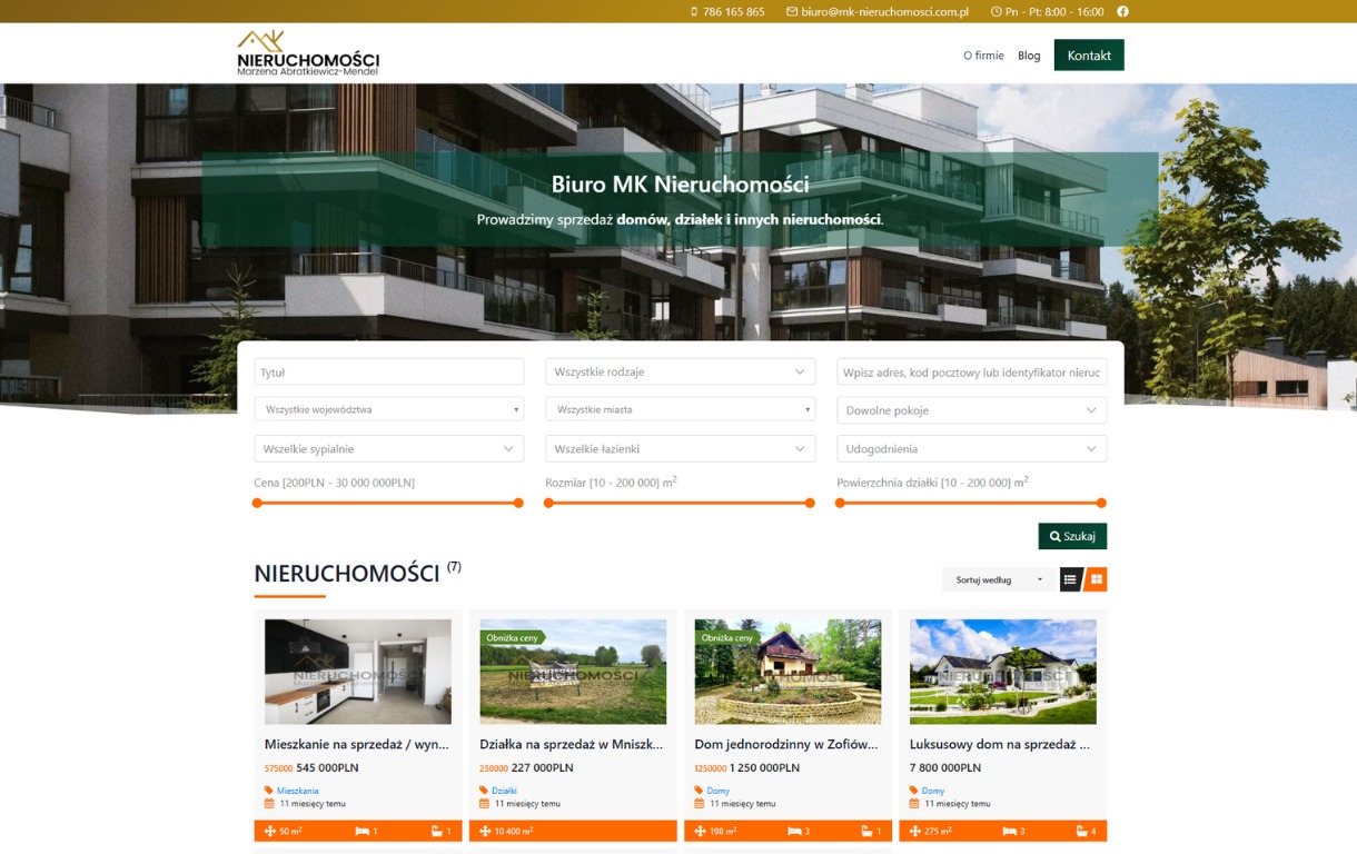 Strona internetowa biura nieruchomości MK Nieruchomości z filtrami wyszukiwania i miniaturami ofert: mieszkania, działki, domy. Minimalistyczny design, jasne tło.