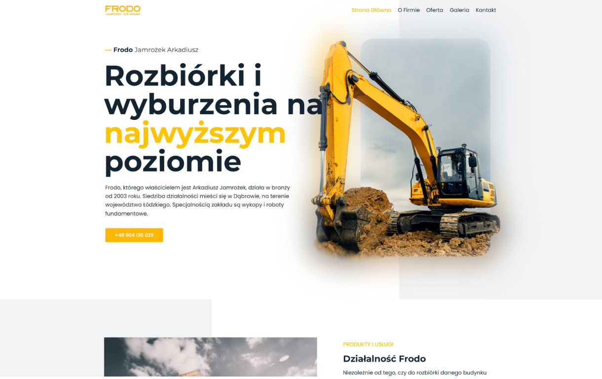 Strona internetowa firmy Frodo z żółtą koparką na tle, oferującej rozbiórki i wyburzenia na najwyższym poziomie, z siedzibą w Dąbrowie, woj. Łódzkie.