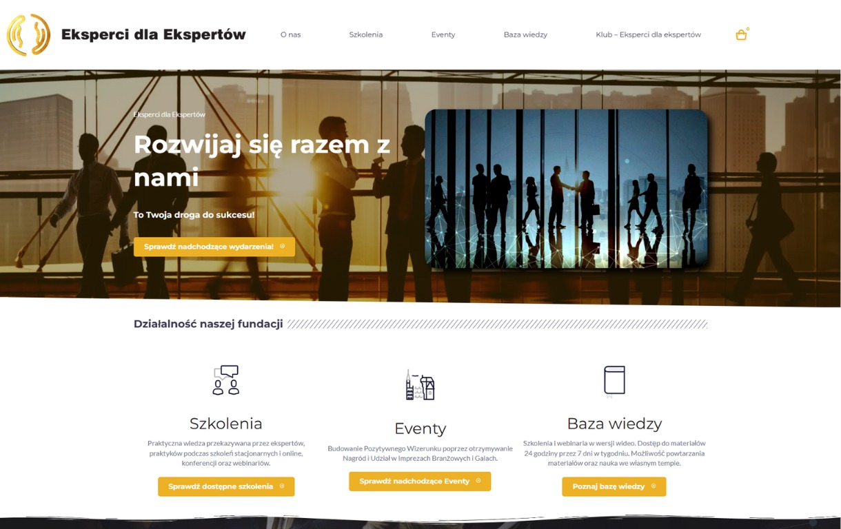 Strona internetowa z hasłem 'Rozwijaj się razem z nami', sylwetkami ludzi i przyciskami do szkoleń, eventów i bazy wiedzy. Nowoczesny design z elementami graficznymi.