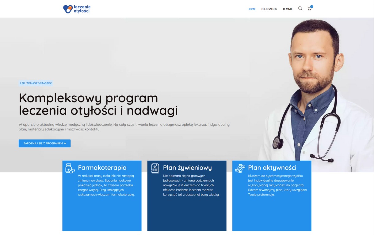 Strona internetowa lekarza z programem leczenia otyłości i nadwagi. Widoczny portret lekarza w białym kitlu ze stetoskopem oraz sekcje farmakoterapii, planu żywieniowego i aktywności.