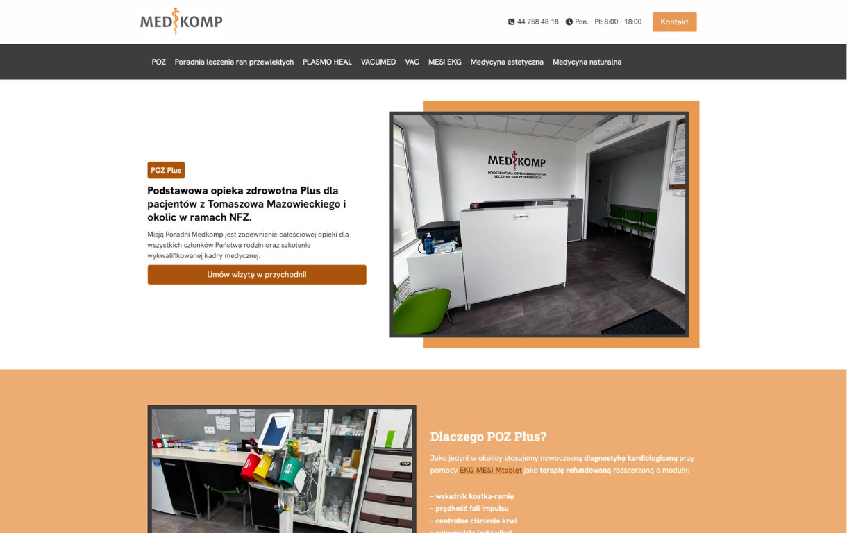 Strona internetowa poradni Medkomp z widocznym logo, recepcją i sprzętem medycznym. Układ strony responsywny, z czytelną nawigacją i informacjami kontaktowymi.