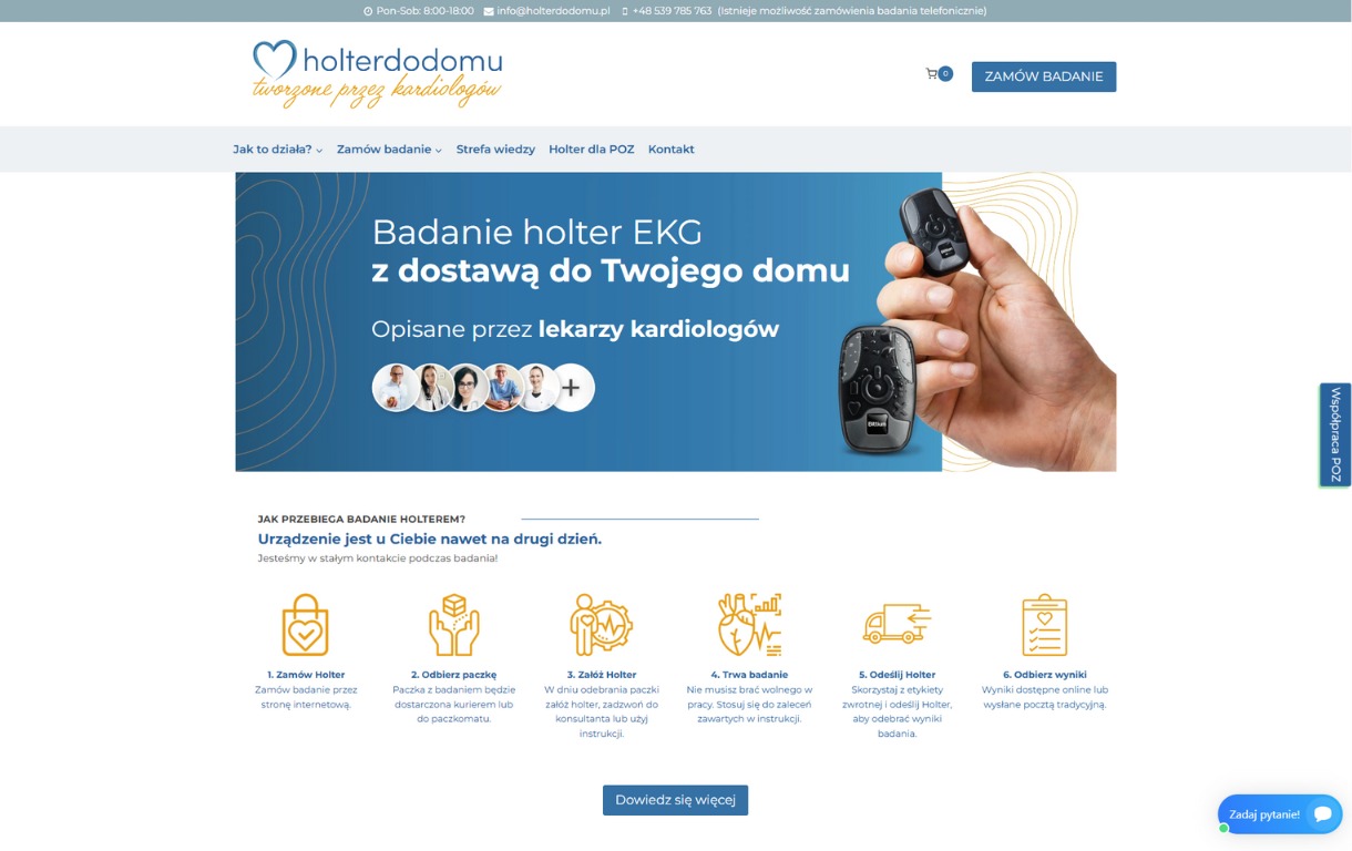 Strona internetowa prezentująca badanie Holter EKG z dostawą do domu, oferowane przez kardiologów. Widoczne urządzenie Holtera, etapy badania i logo firmy.