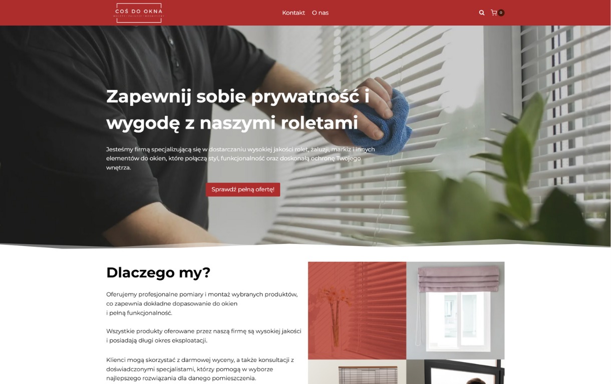 Strona internetowa firmy oferującej rolety okienne. Na górze widoczny fragment osoby czyszczącej roletę. Poniżej zdjęcia rolet w oknach i tekst reklamowy.