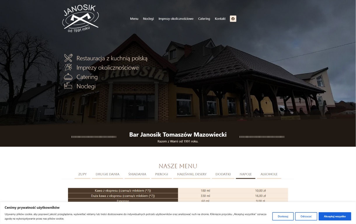 Strona internetowa baru Janosik Tomaszów Mazowiecki, z menu i informacjami o restauracji, catering, imprezach okolicznościowych i noclegach. Widok elewacji budynku.