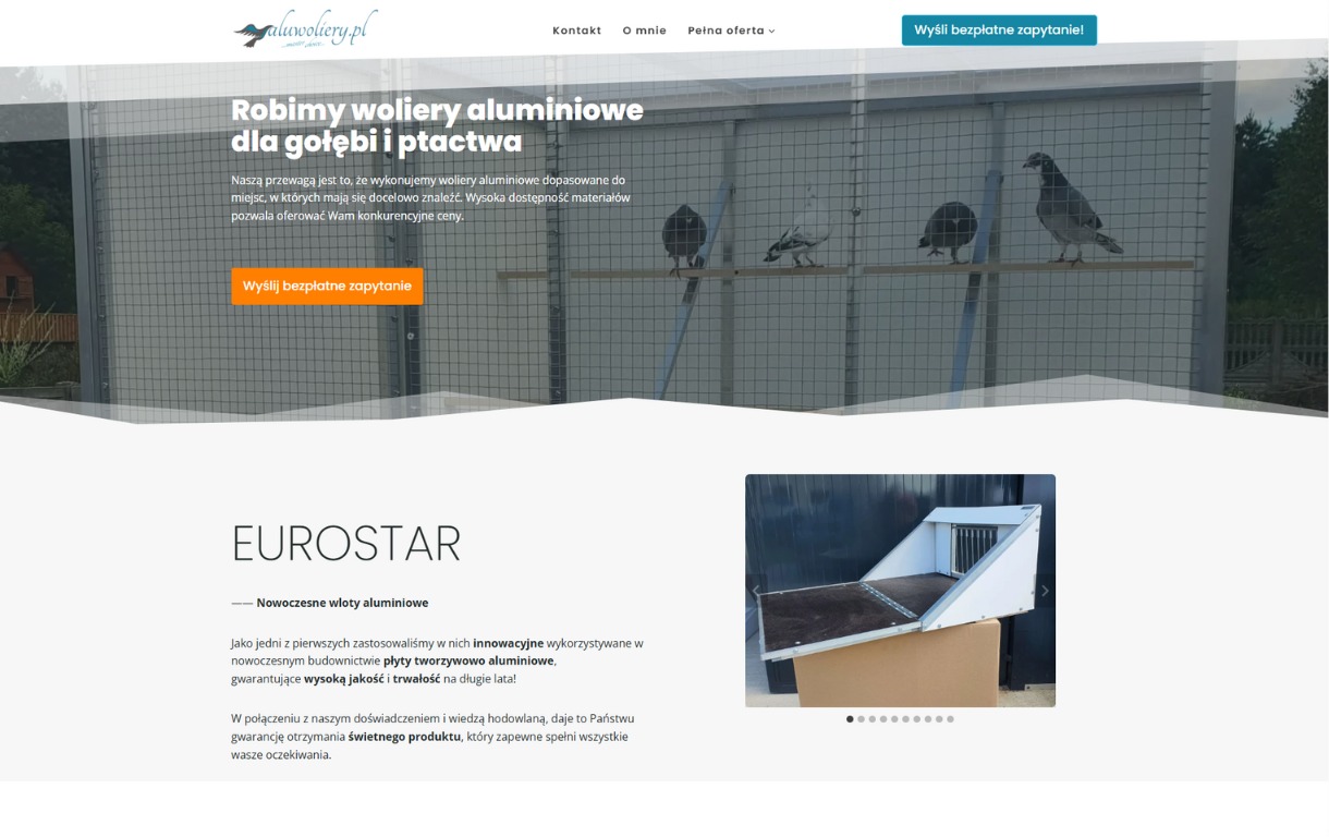 Strona internetowa prezentująca aluminiowe woliery dla gołębi i ptactwa, z widocznymi gołębiami w wolierze i nowoczesnym wlotem aluminiowym Eurostar.