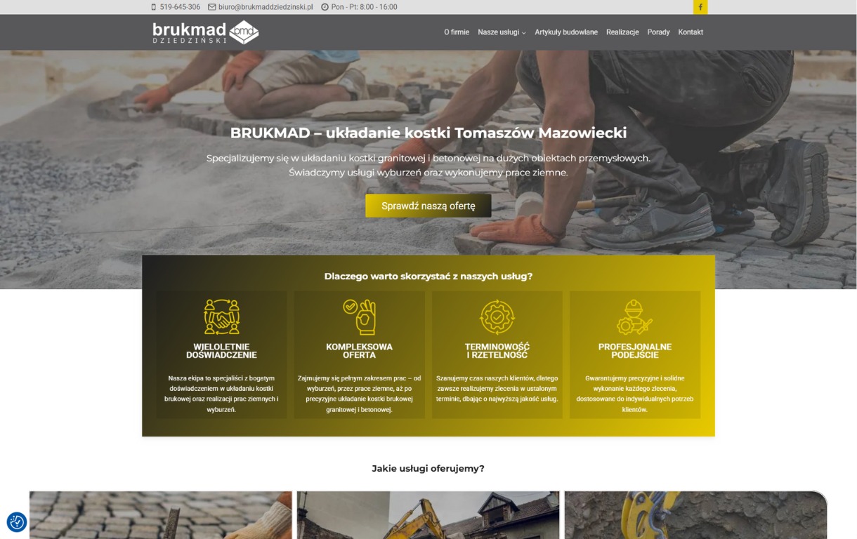 Strona internetowa firmy Brukmad z Tomaszowa Mazowieckiego, specjalizującej się w układaniu kostki brukowej, z widocznym fragmentem realizacji i danymi kontaktowymi.