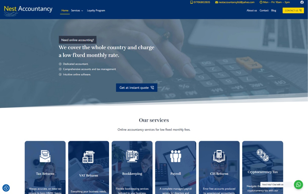 Strona internetowa firmy księgowej Nest Accountancy z ofertą online, kalkulatorem w tle i sekcją usług: Tax Returns, VAT Returns, Bookkeeping, Payroll, CIS Returns, Cryptocurrency Tax.