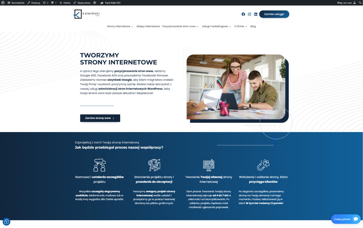 Projekt strony internetowej: Zespół pracuje nad projektem, kobieta i mężczyzna patrzą w laptopa. Tekst: 'Tworzymy strony internetowe'.