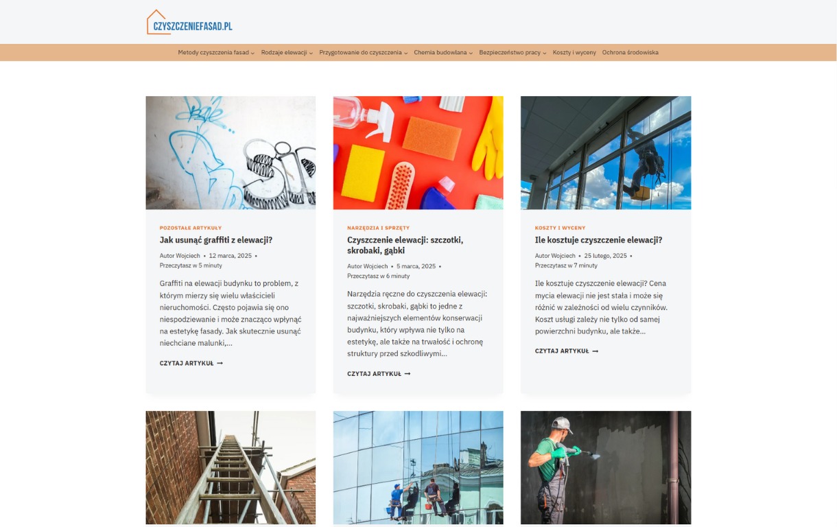 Artykuły blogowe o czyszczeniu elewacji: usuwanie graffiti, narzędzia (szczotki, skrobaki, gąbki), koszty. Widok strony www z artykułami i zdjęciami.