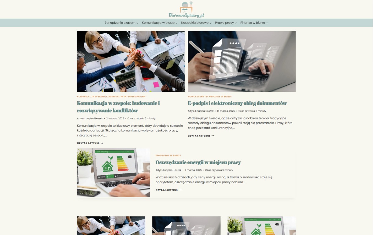 Strona internetowa biura z artykułami o komunikacji, e-podpisie i oszczędzaniu energii. Widoczne nagłówki, zdjęcia i odnośniki do artykułów.