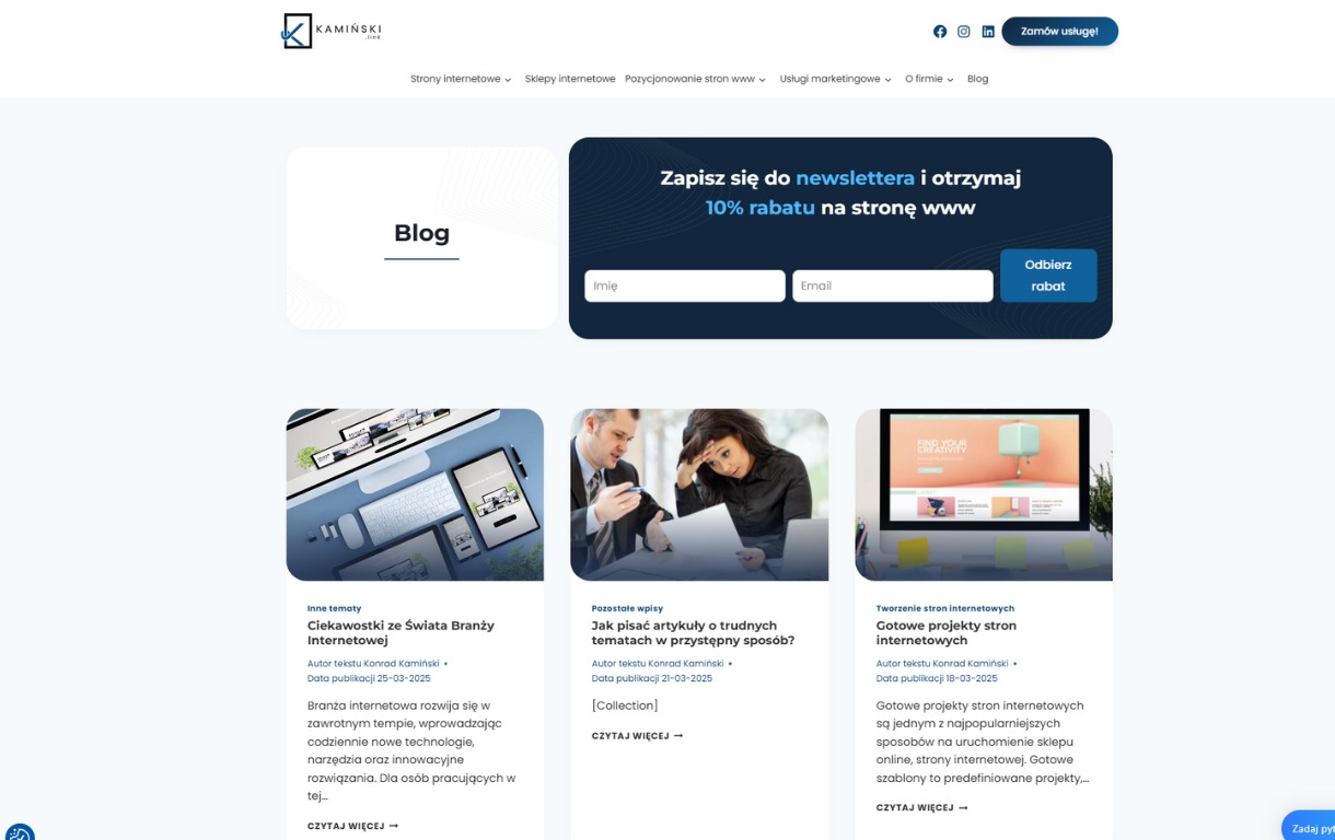 Strona WWW z blogiem, newsletterem i artykułami o tematyce internetowej. Widoczne nagłówki, formularz zapisu i miniatury wpisów blogowych.