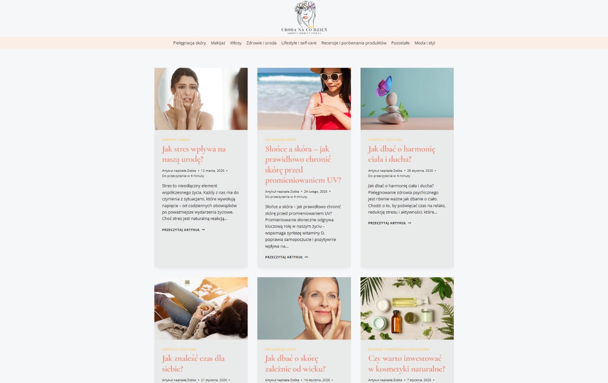 Zrzut ekranu strony internetowej o tematyce urody i zdrowia, prezentujący artykuły o pielęgnacji skóry, stresie, słońcu i harmonii ciała. Minimalistyczny design.