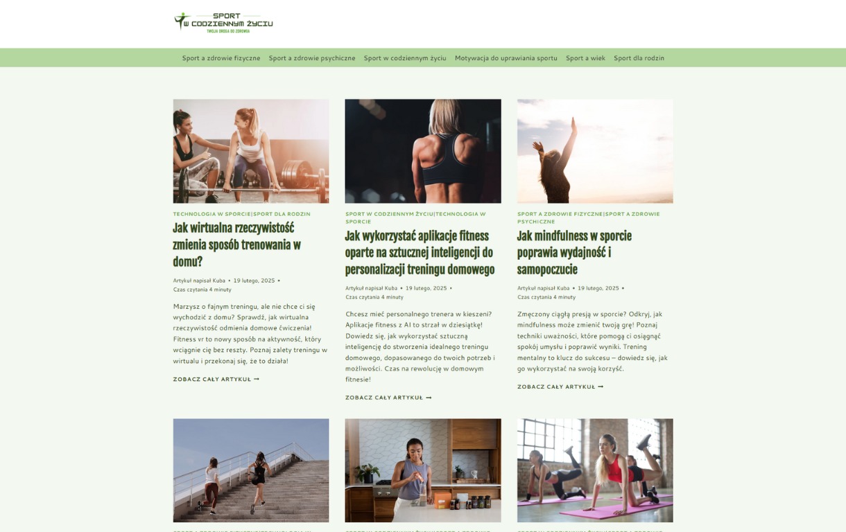 Układ strony internetowej o tematyce sportowej z artykułami o fitnessie i zdrowym stylu życia. Estetyczny design strony z Twardej.