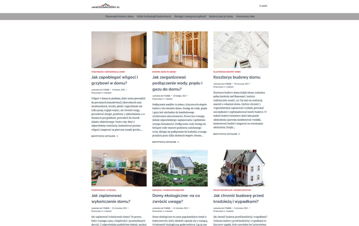 Artykuły blogowe o budowie domu: wilgoć, podłączenie mediów, kosztorys, wykończenie, ekologia, ochrona budowy. Całość na jasnym tle strony internetowej.
