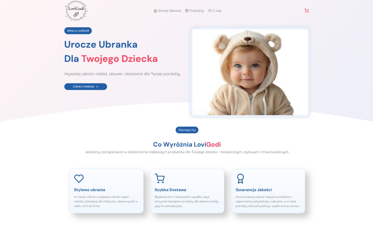 Strona internetowa sklepu z odzieżą dziecięcą LoviGodi. Urocze ubranka dla Twojego dziecka, szybka dostawa i gwarancja jakości. Dziecko w ubranku misia.