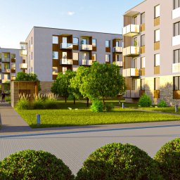 Vision.Complex - Wizualizacja osiedla nowoczesnych budynków wielorodzinnych z balkonami, zielonym terenem, parkingiem i osobą na rowerze w żółtej kamizelce.