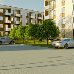 Vision.Complex - Nowoczesny budynek apartamentowy z balkonami wykończonymi drewnem, dwa samochody zaparkowane na kostce brukowej, zieleń drzew i trawników.