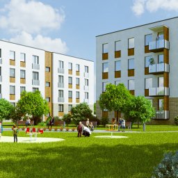 Vision.Complex - Wizualizacja osiedla mieszkaniowego z placem zabaw, przedstawiająca nowoczesne budynki z balkonami i drewnianymi elementami elewacji, otoczone zielenią i bawiącymi się dziećmi.