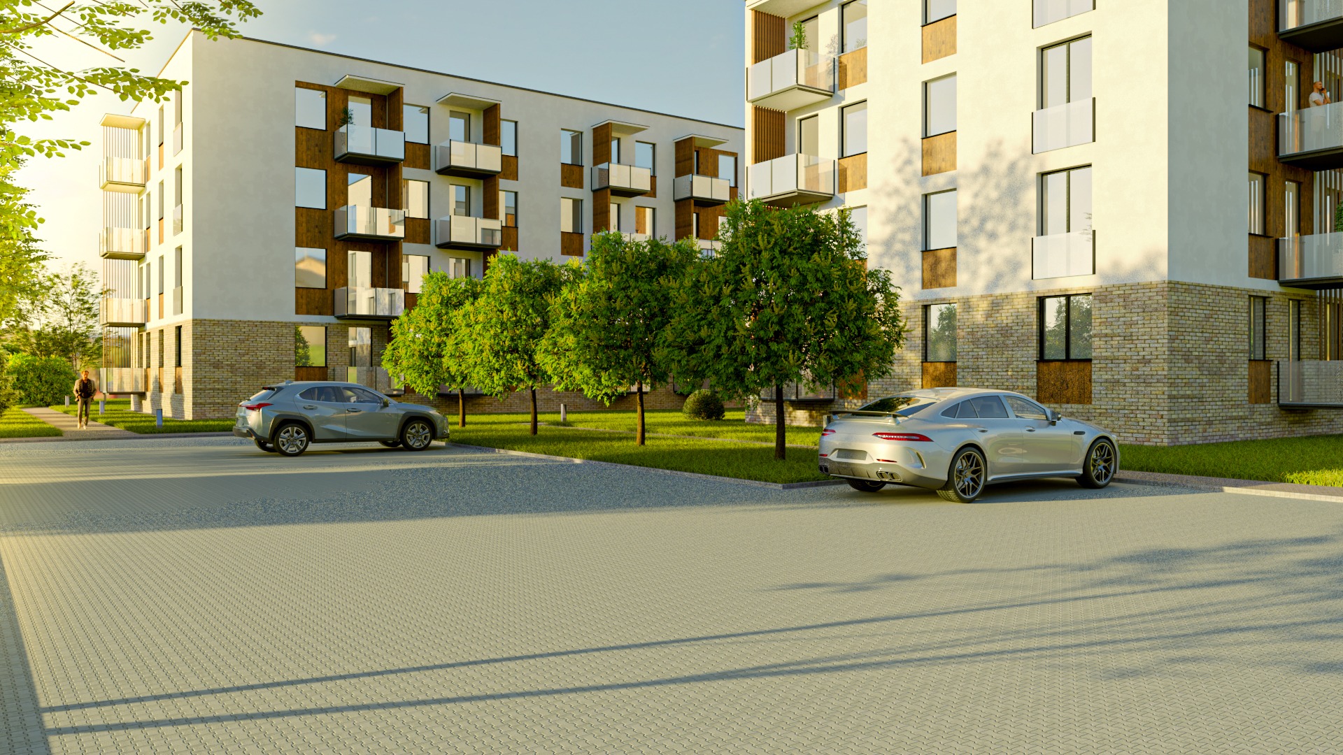 Nowoczesny budynek apartamentowy z balkonami wykończonymi drewnem, dwa samochody zaparkowane na kostce brukowej, zieleń drzew i trawników.