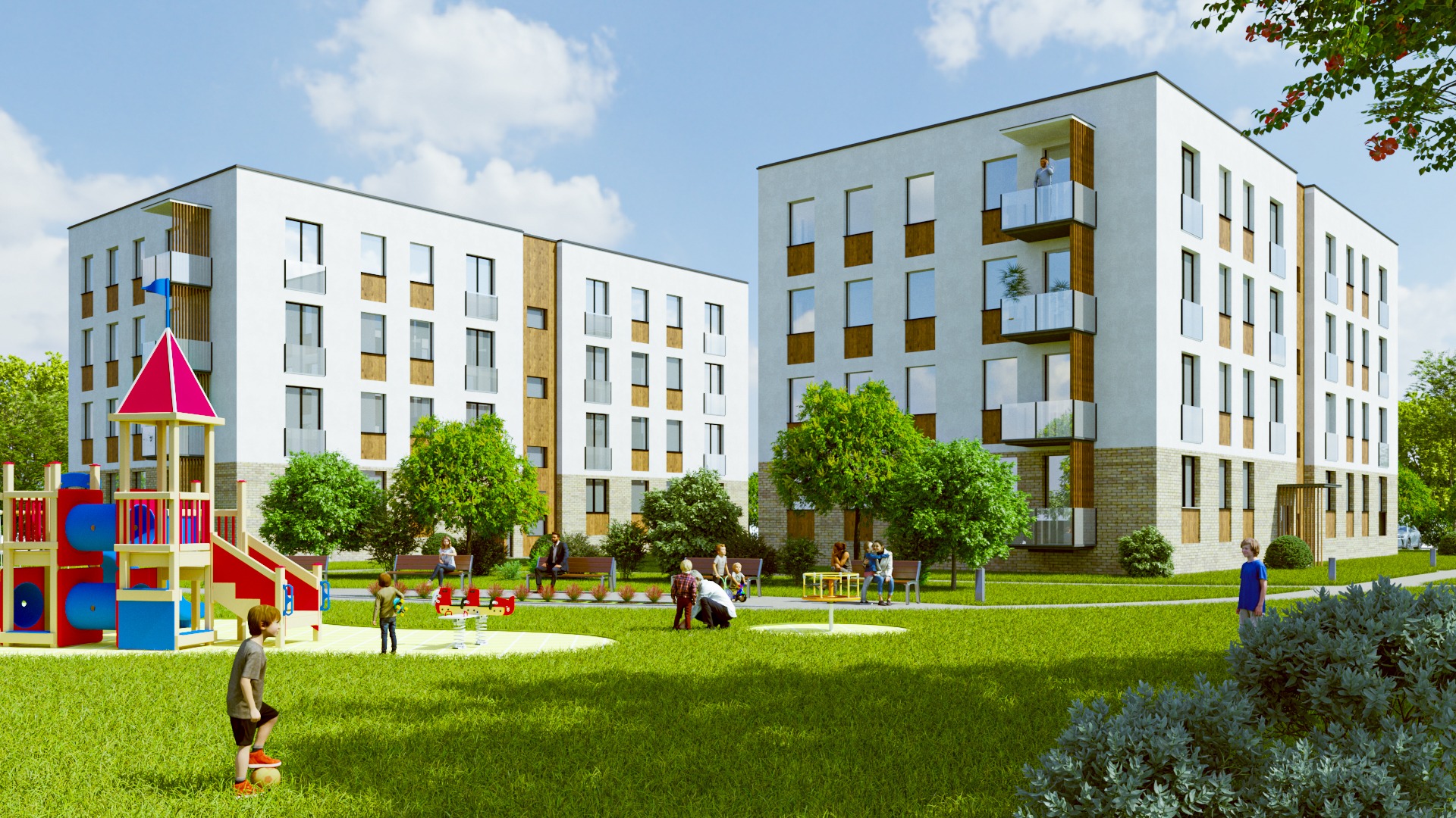Wizualizacja osiedla mieszkaniowego z placem zabaw, przedstawiająca nowoczesne budynki z balkonami i drewnianymi elementami elewacji, otoczone zielenią i bawiącymi się dziećmi.