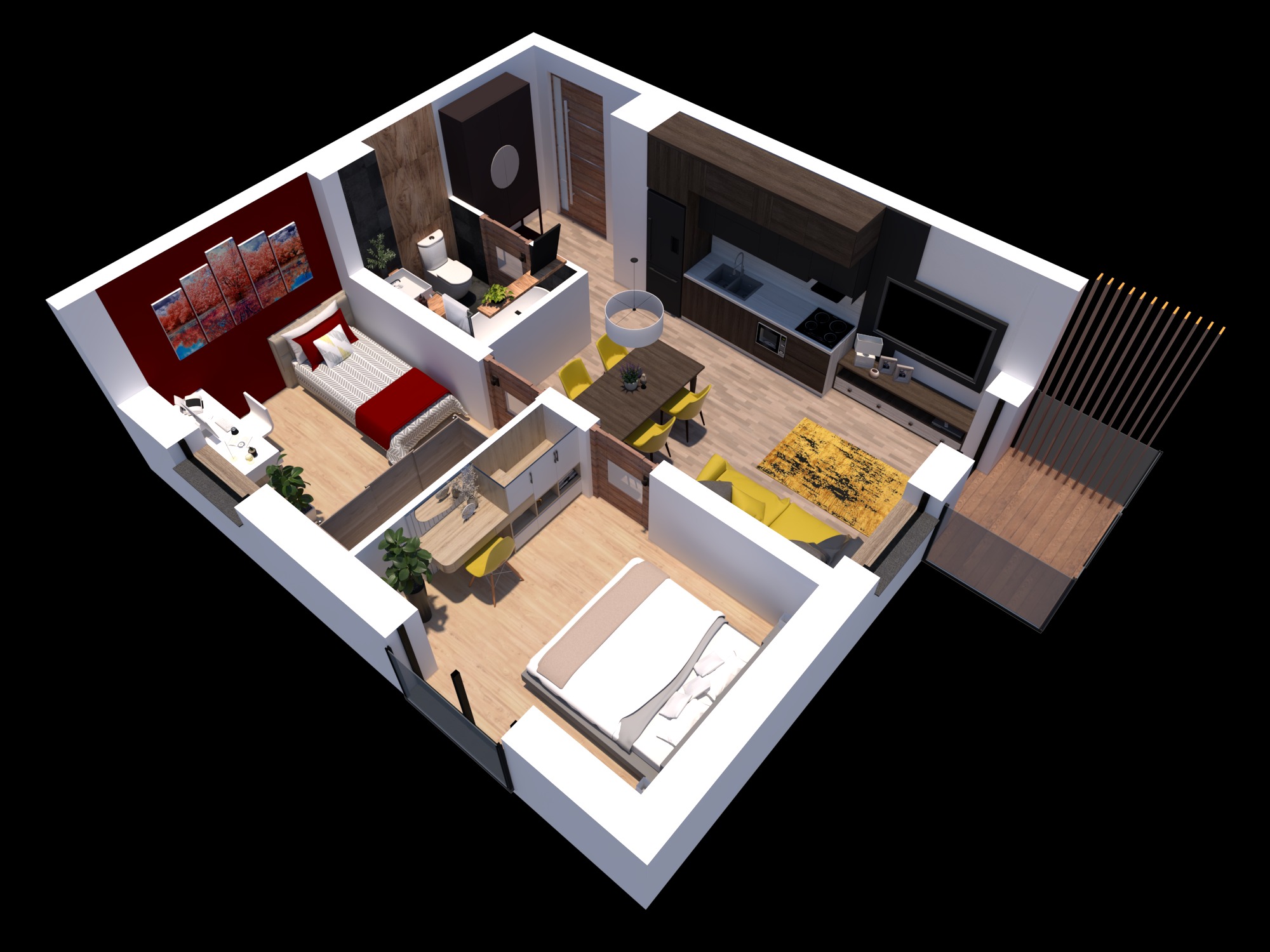 Wizualizacja 3D mieszkania z dwoma sypialniami, salonem z aneksem kuchennym i łazienką, widok z góry, ukazująca aranżację wnętrz z meblami i dekoracjami.