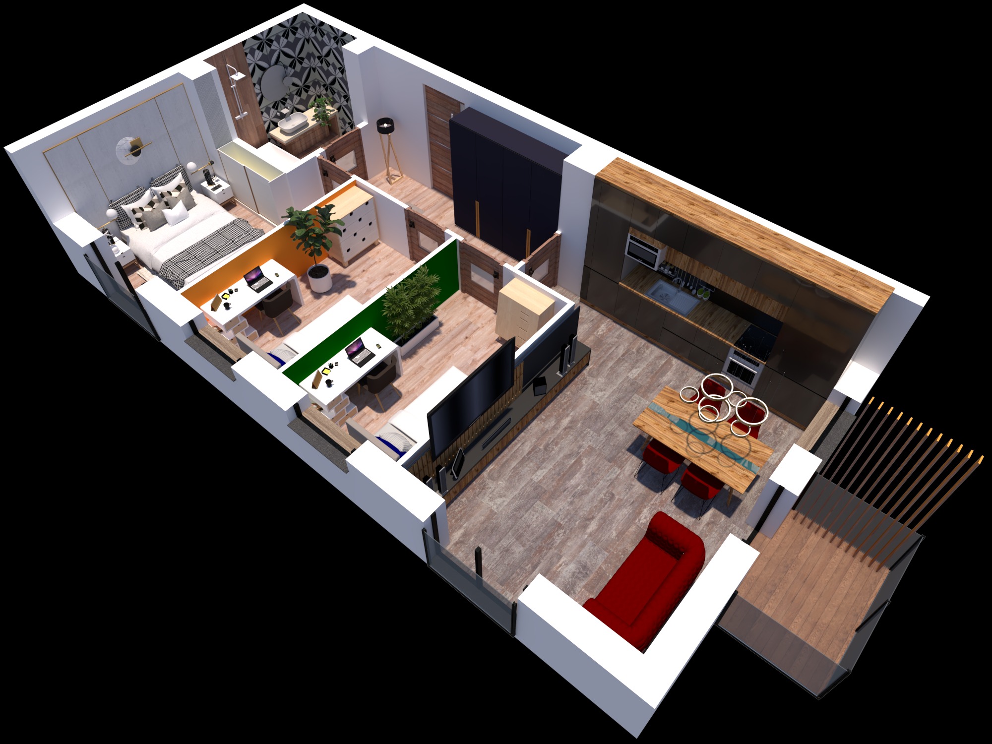 Rzut 3D z góry na otwarty plan mieszkania z sypialnią, łazienką, dwoma stanowiskami do pracy, salonem z aneksem kuchennym i balkonem, w nowoczesnym stylu.