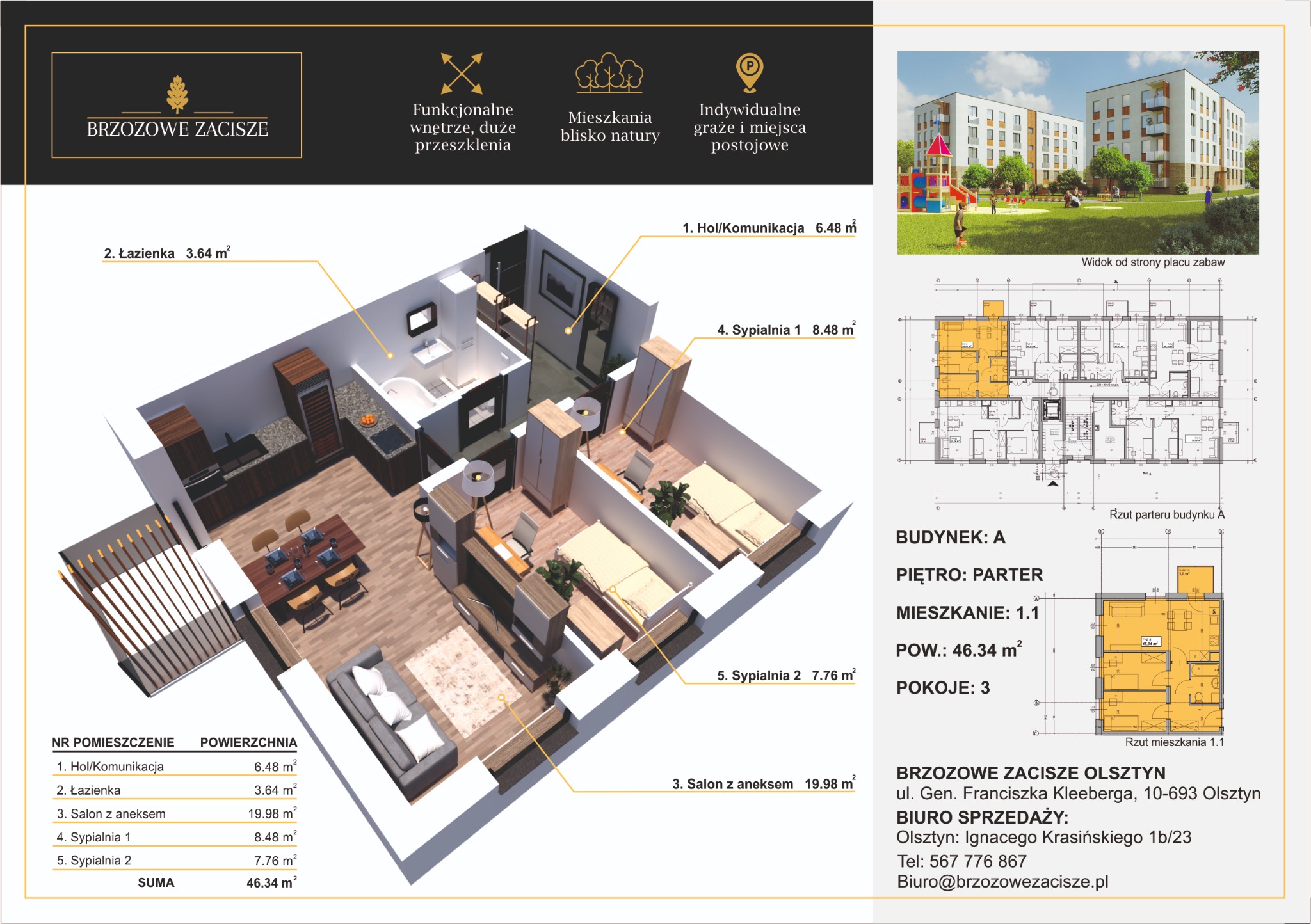 Wizualizacja 3D mieszkania z planem i widokiem budynku z placem zabaw, prezentująca układ pomieszczeń, metraż oraz charakterystykę osiedla Brzozowe Zacisze w Olsztynie.