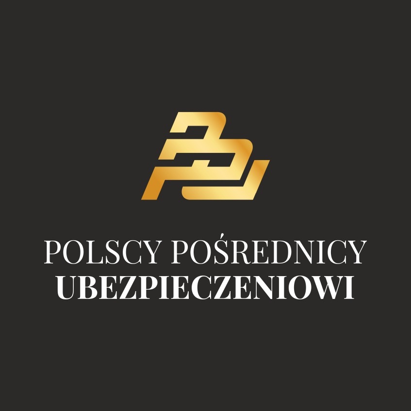 Złote logo firmy ubezpieczeniowej 'Polscy Pośrednicy Ubezpieczeniowi' na ciemnoszarym tle, widoczne w Lublinie.