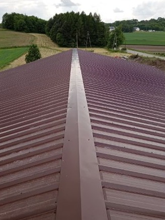 Ciemnobrązowe pokrycie dachu hali przemysłowej z widocznym elementem kalenicy, na tle zielonych pól i drzew.