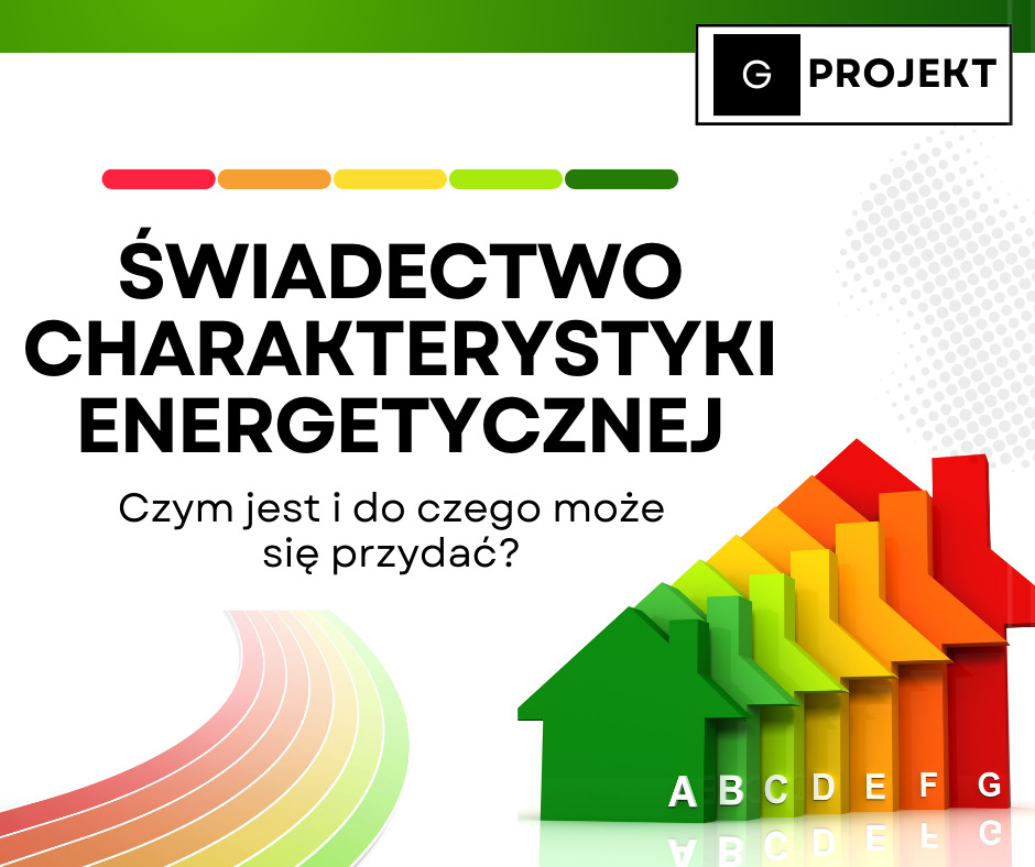 Grafika informacyjna z tytułem 'Świadectwo Charakterystyki Energetycznej', objaśniająca jego zastosowanie, z kolorową skalą efektywności energetycznej od A do G i logo 'G Projekt' w prawym górnym...