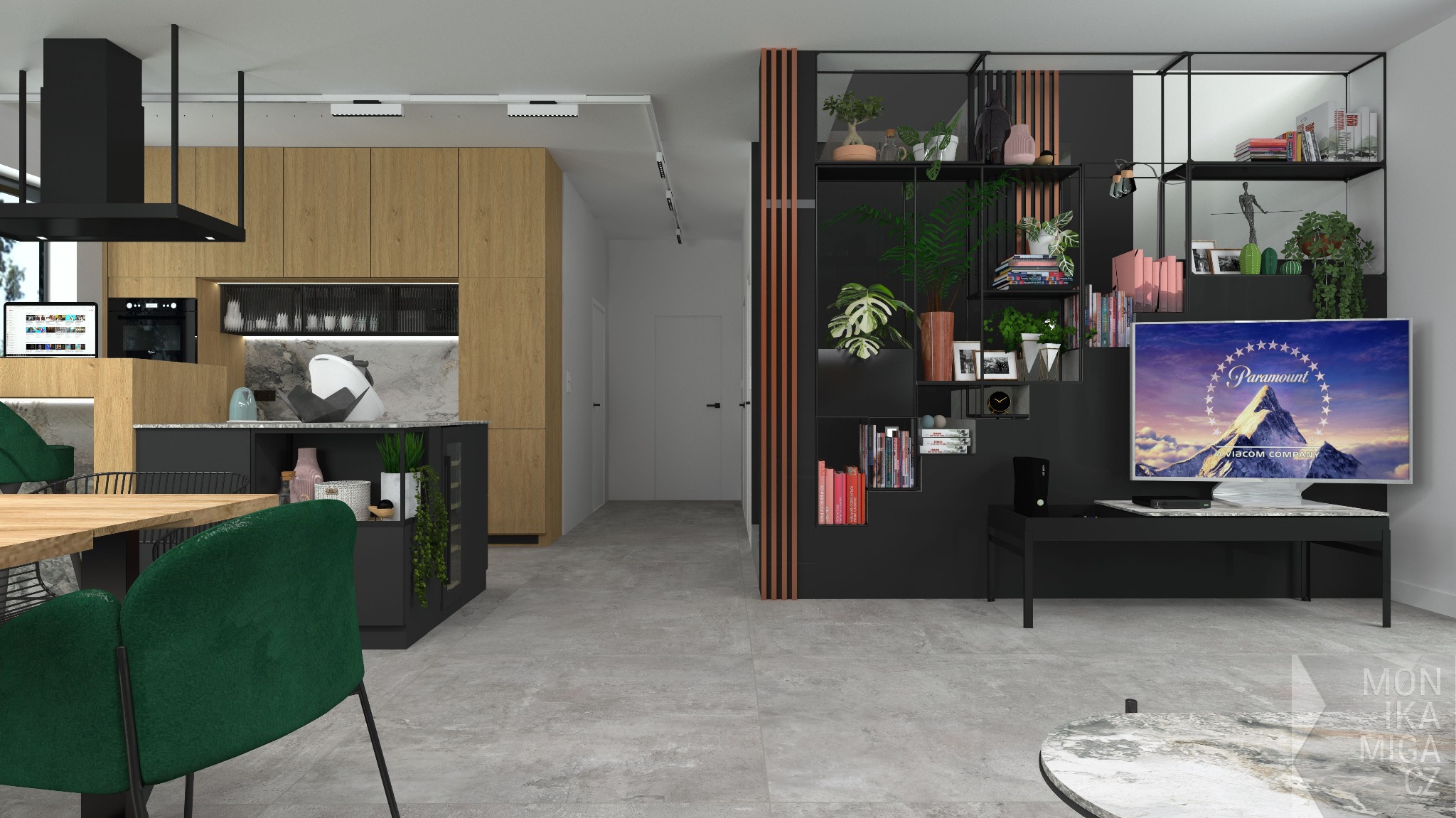 Wnętrze nowoczesnego mieszkania z otwartą kuchnią, drewnianymi szafkami i czarnym okapem, widok na salon z czarnym regałem i telewizorem z logo Paramount.