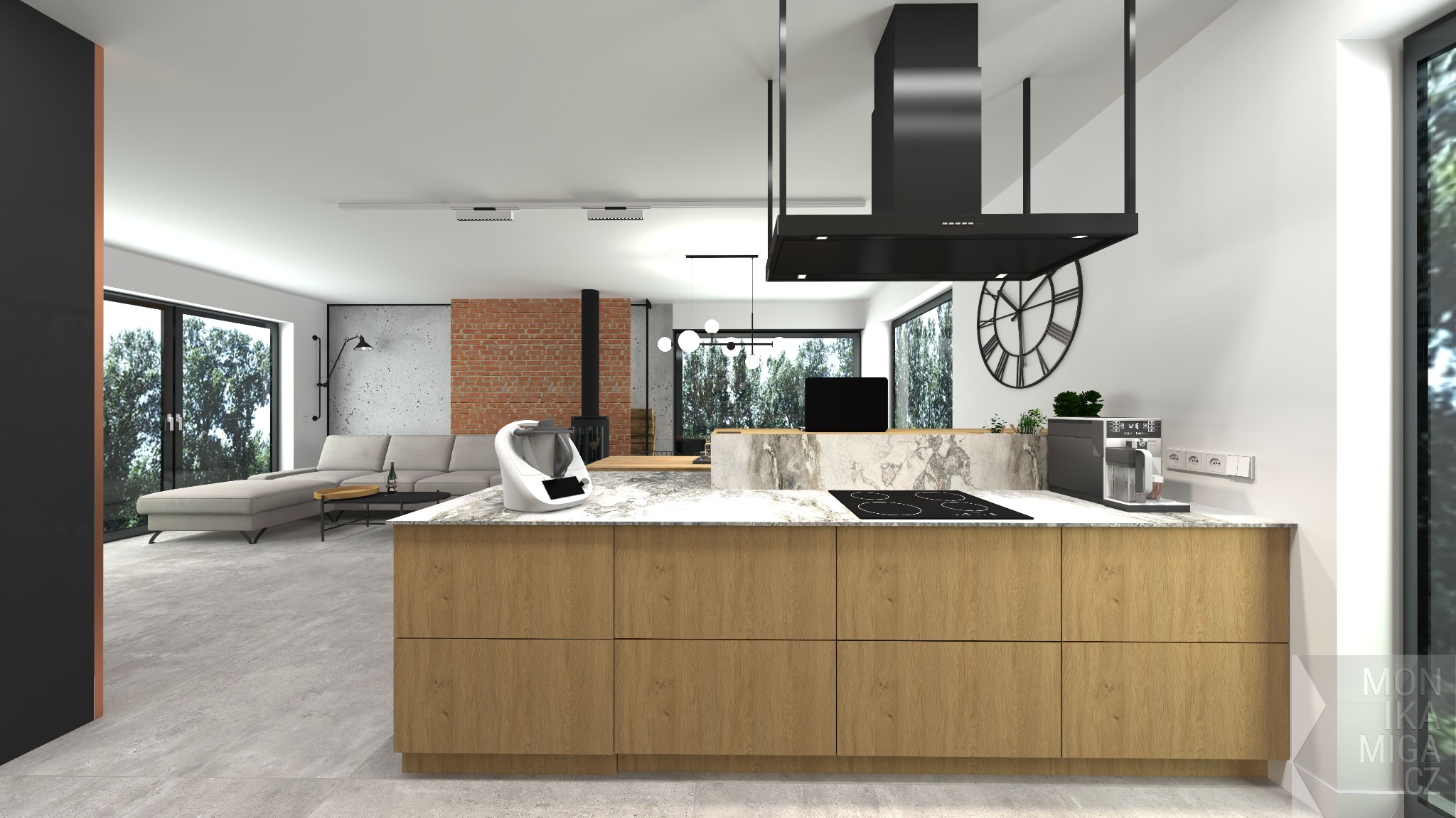 Wnętrze przestronnego salonu z aneksem kuchennym w stylu loftowym. Widoczna wyspa kuchenna z drewnianymi frontami i marmurowym blatem, płyta indukcyjna, ekspres do kawy, okap oraz część...