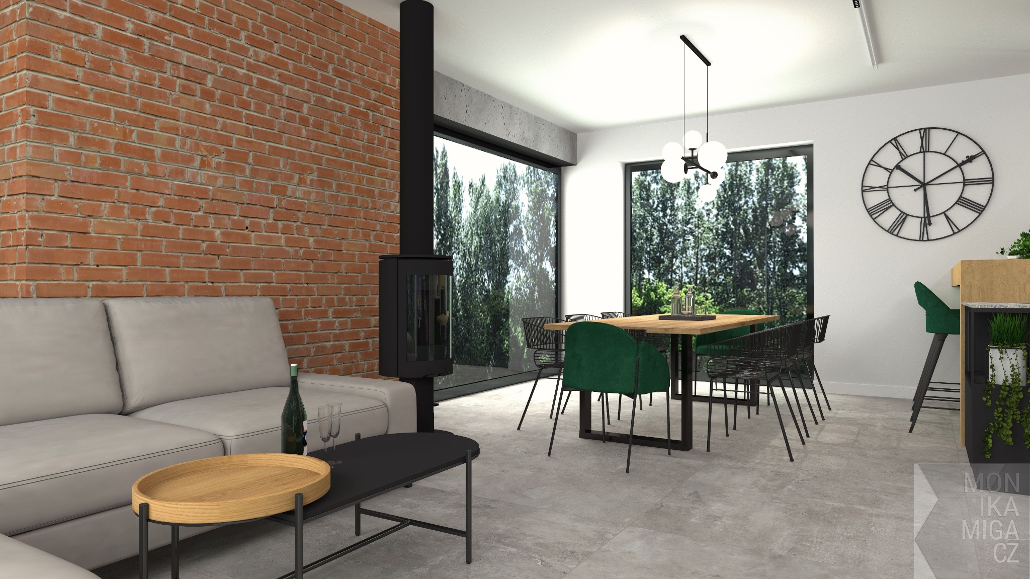 Wizualizacja wnętrza: salon z ceglaną ścianą, kominkiem, szarą sofą, niskim stolikiem, jadalnią z drewnianym stołem i zielonymi krzesłami, oraz dużym zegarem na ścianie.