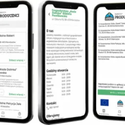Zrzuty ekranu aplikacji mobilnej Oferteo.pl z listą gospodarstw rolnych i szczegółami jednego z nich, 'Kozia Dolinka' Elżbieta Pawlikowska, prezentującymi ofertę mleka koziego, kefiru, jogurtu...