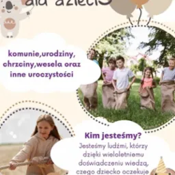 Plakat reklamowy z ilustracjami i zdjęciami dzieci biorących udział w zabawach, takich jak wyścigi w workach i przeciąganie liny, promujący usługi animacji dla dzieci na komunie, urodziny, chrzciny...