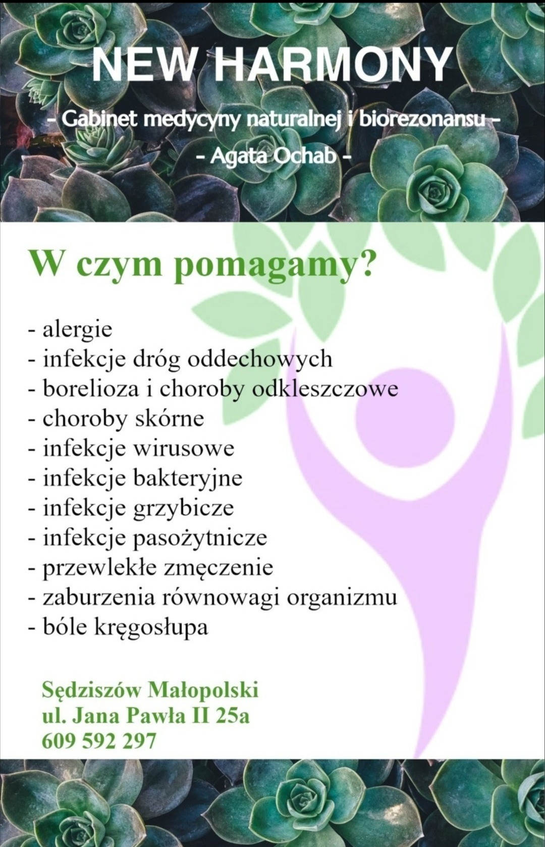 Ogłoszenie gabinetu medycyny naturalnej 'New Harmony' oferującego pomoc w alergiach, infekcjach, boreliozie i innych dolegliwościach, zlokalizowanego w Sędziszowie Małopolskim, z numerem telefonu...