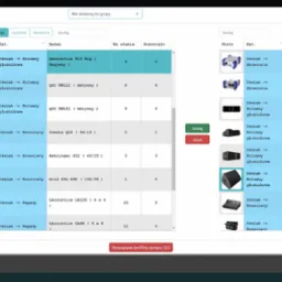 Interfejs aplikacji do zarządzania sprzętem audio, prezentujący listę kolumn głośnikowych i konsol mikserskich z informacjami o dostępności i nazwach modeli, takich jak LAcoustics X15 HiQ i Yamaha...