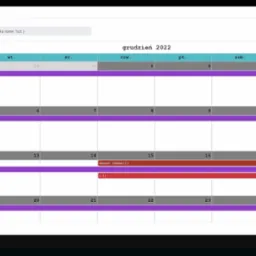 Interfejs kalendarza rezerwacji zasobów IT, pokazujący terminy serwisowania i koncertu w grudniu 2022, z zaznaczoną awarią wyświetlacza Avid S6L w różnych dniach.